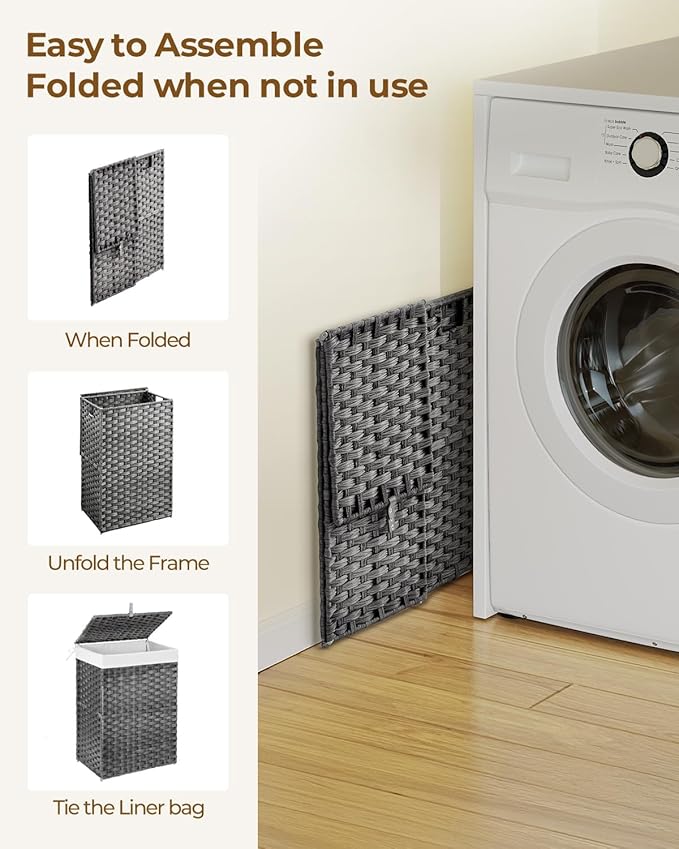 Greenstell Laundry Hamper with Lid, 60L Clothes Hamper with 2 Removable Liner Bags & 2 Mesh Laundry Bags, Handwoven Synthetic Rattan Laundry Basket for Clothes, Toys in Bathroom, Bedroom Grey