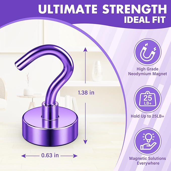Magnetic Hooks, 25lbs Magnets with Hook, 8 Pack Magnet Hooks for Hanging, Heavy Duty Magnetic Hook for Cruise, Grill, Home, Refrigerator, Lock Accessories, Purple