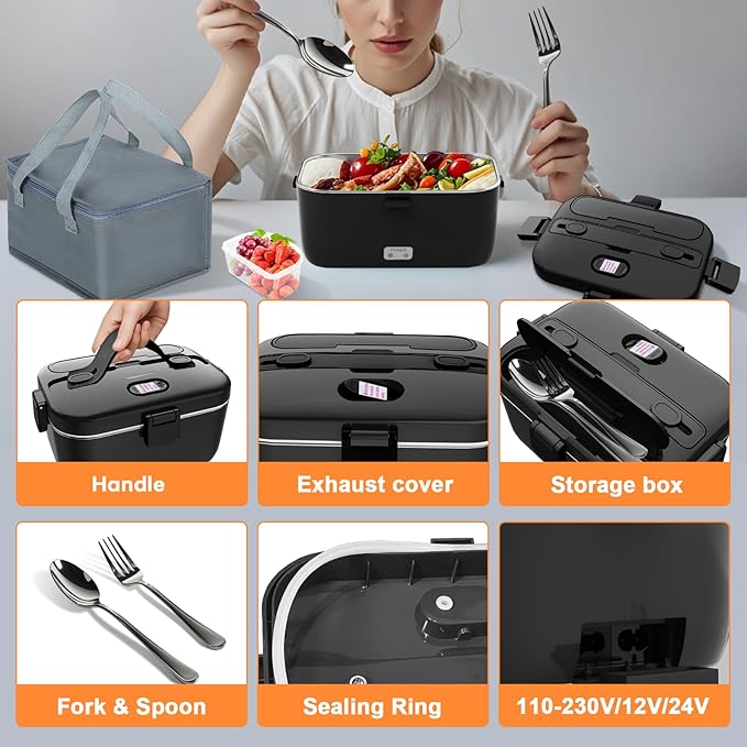 DUPASU Electric Lunch Box Food Warmer: 100W Heated Lunch Box for Adults, 1.8L Portable Fast Heating Lunchbox Food Heater for Car, Truck, Work, Travel, Lonchera Elctrica Porttil 12/24V/110-230V (Black)