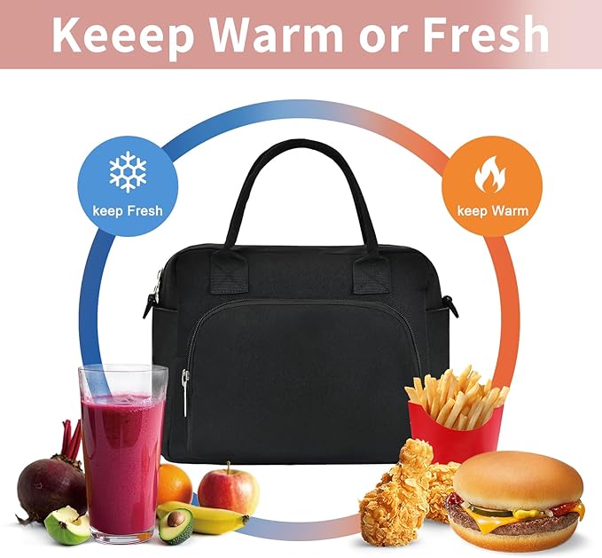Lunch Bag Women Lunch Box for Women Adult Cute Insulated Lunch Bag Lager Cooler Lunch Tote Bags for Work Picnic (Black)