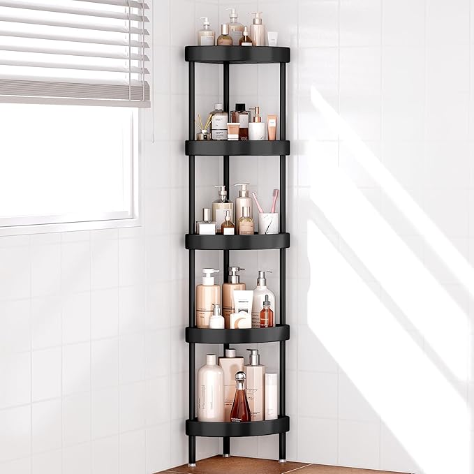 Nieifi Corner Shower Caddy Stand-5 Tier Rustproof Anodized Aluminum Standing Shower Organizer-Shower Caddy Corner-Dual Stability to Anti-Shaking-Height-Adjustable Legs for Uneven Surfaces-Black
