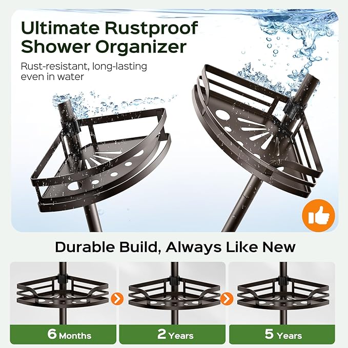 HAMITOR Shower Caddy Tension Pole: Rustproof Bathroom Corner Shelf for Renters, 47-121 inches Adjustable Organizer with Soap Holder-Large Capacity Rack for Shampoo Storage Home Accessory- Bronze