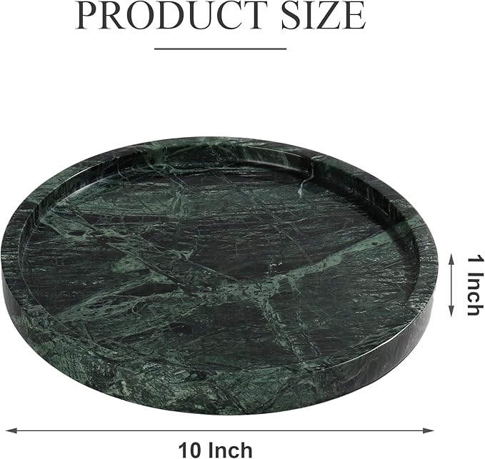 Real Natural Round Marble Tray for Bathroom, Genuine Marble Stone Vanity Tray, Luxury Storage Trays for Kitchen, Vanity, Home Decor, Dresser, Non-Resin/Non-Ceramic, 10"x 1", Green