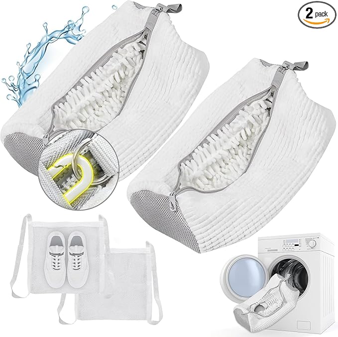 Shoe Washing Machine Bag, Shoe Laundry Bag for Washer and Dryer, Include Dry Net Bag, Reusable and Durable Zipper with Hook Design, Shoe Washing Bag for Sneaker (White, 2 Pack)