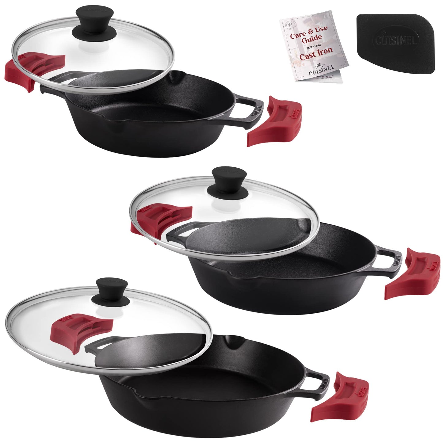 Cuisinel Cast Iron Skillet Set - 10" + 12" Frying Pan + Glass Lids + 2 Handle Cover Grips - Pre-Seasoned Oven Cookware - Indoor/Outdoor Use - Grill, Stovetop, Induction, BBQ, Camping, Fire Use