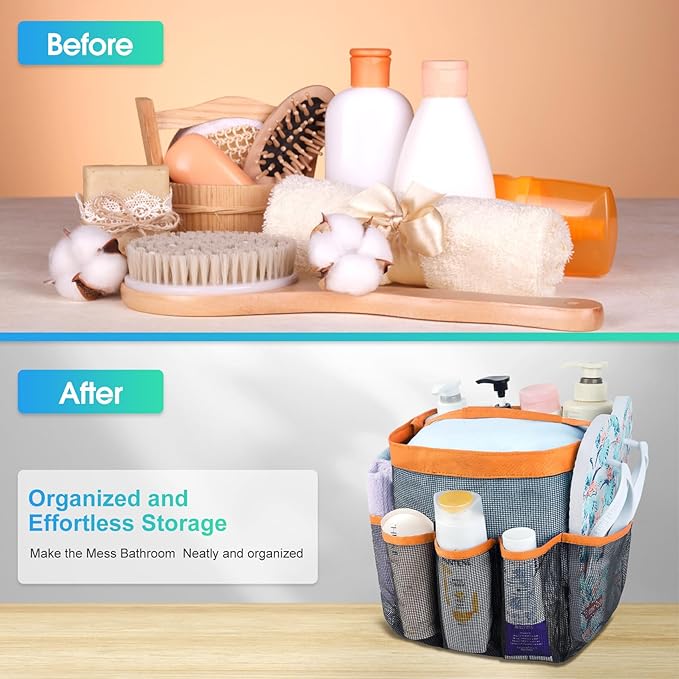 Attmu Mesh Shower Caddy Portable for College Dorm Room Essentials with 8 Pockets, Hanging Shower Caddy Dorm Basket, Quick Dry Shower Bag for Bathroom