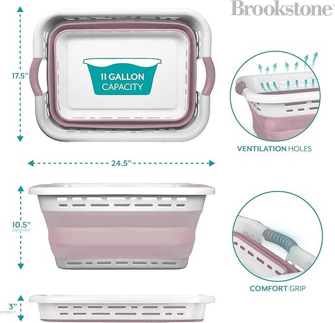 BROOKSTONE 11 GALLON XL 24" Collapsible Laundry Basket & Clothes Hamper, Comfort Non-Slip Handles, Modern Laundry Hamper with Space Saving Design, Portable Pop-Up Hamper, BPA FREE, Blush Pink, 1 Pack