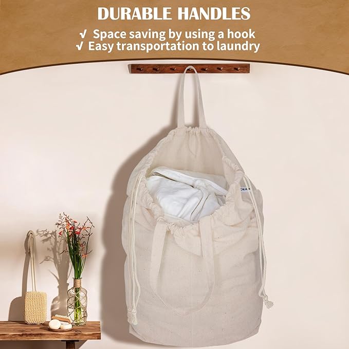 Cotton Canvas Laundry Bags with Handles & Square Base 16"Lx16"Wx27.6"H, Extra Large Heavy Duty Laundry Basket Hamper Liner, Washable Drawstring Dirty Clothes Bag Cotton Storage Sack (Natural,1 Pack)