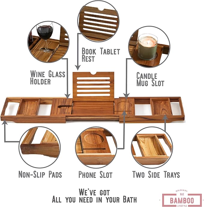 XcE Teak Bathtub Caddy Tray - Expandable to 41 Inches with Book Stand, Soap Holder & Anti-Slip Pads for Luxury Bath Spa, Teak