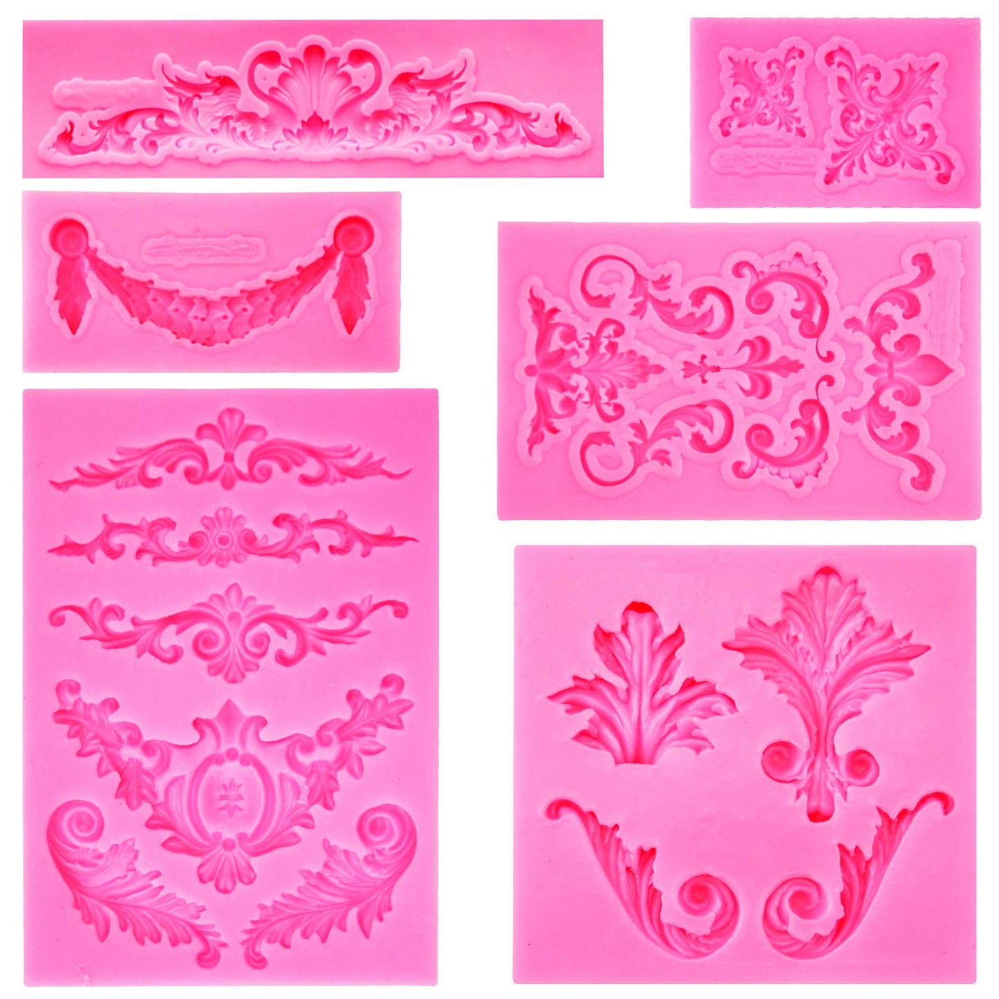 Rainmae 4 Pcs Baroque Fondant Silicone Molds, Relief Flower Lace Chocolate Mould, Scroll Lace Clay Mold, Filigree Mold 3D Sculpted Decoration, Cupcake Topper, Jewelry, Polymer Clay, Crafting Projects