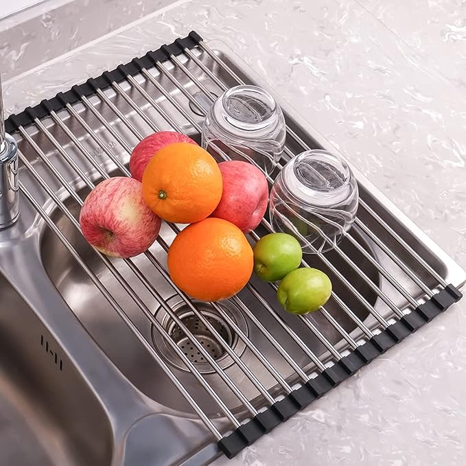 Seropy Roll Up Dish Drying Rack Over The Sink Drying Rack for Kitchen, Folding Dish Rack Over Sink Mat, Stainless Steel Dish Drainer Rack Kitchen Organizer Accessories Black 17"x11.8"