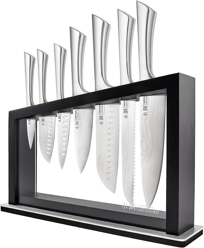 Cuisine::pro Damashiro Knife Block (Hiryu, 10-Piece Set) - Premium Japanese Steel Knife Set with Acacia Wood Block & Tempered Glass Window - Damascus-Inspired Blade
