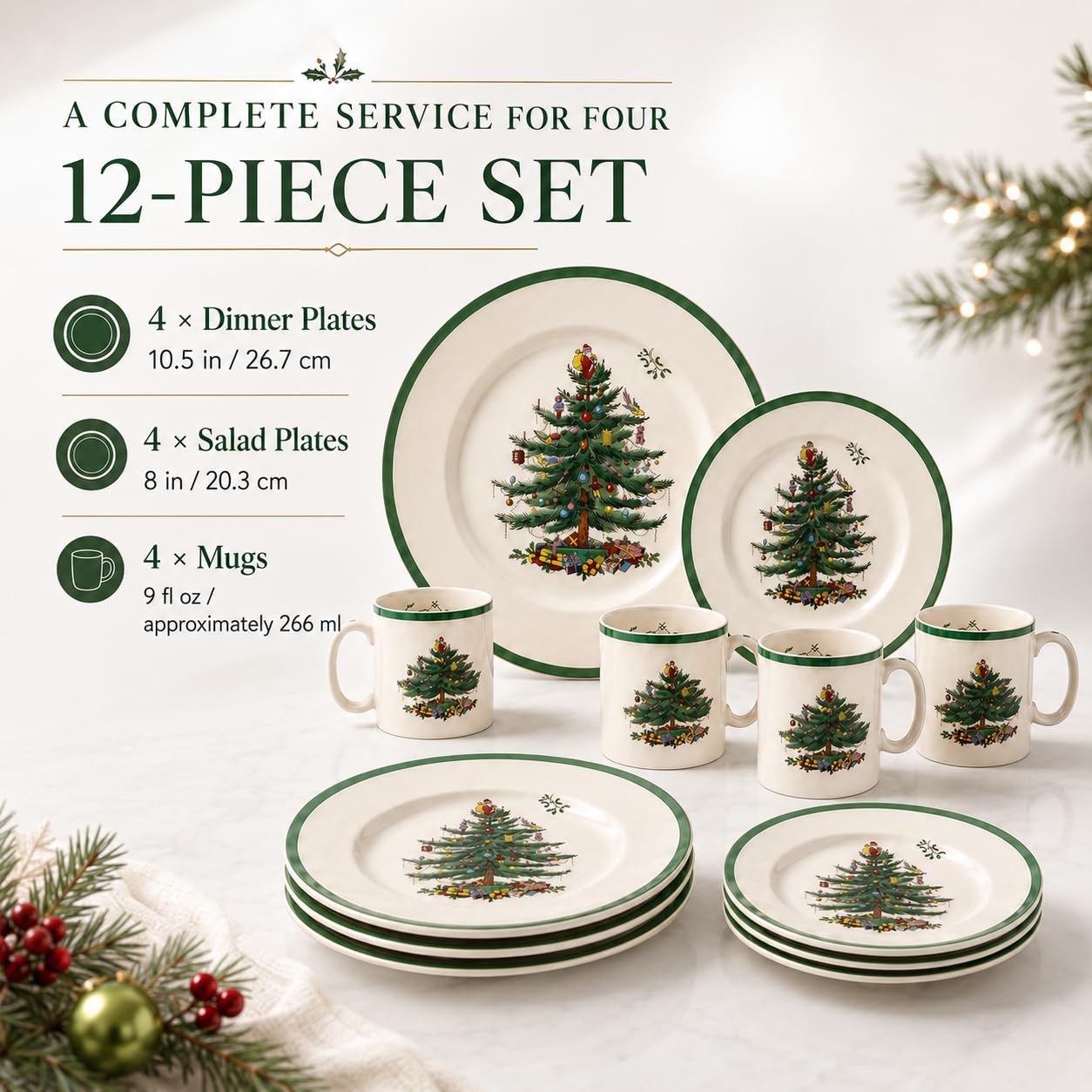 Spode Christmas Tree 12-Piece Dinnerware Set (Service for 4) - Festive Holiday Tableware Collection with Plates and Mugs - Fine Earthenware Christmas Dinnerware - Microwave & Dishwasher Safe