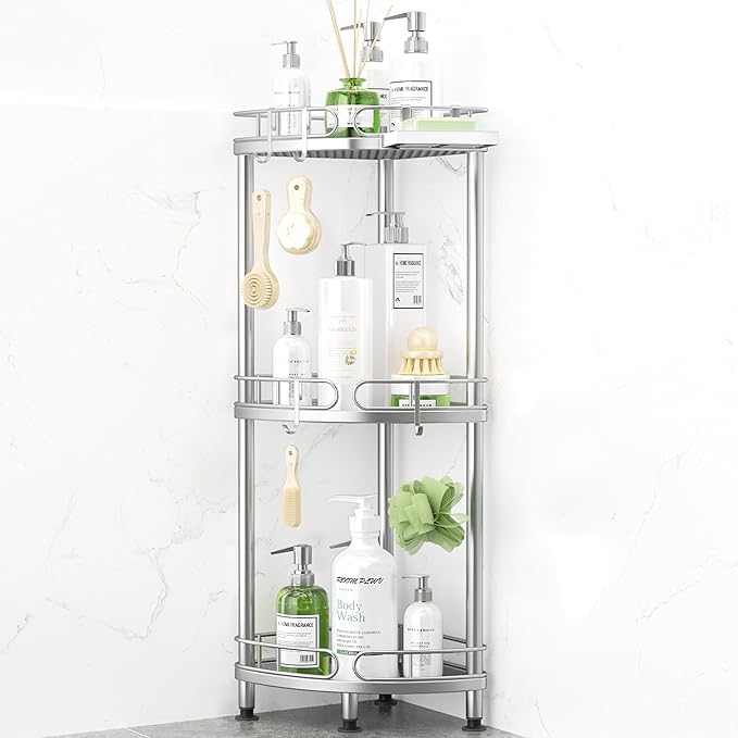 SWTYMIKI Corner Shower Caddy Standing - 3 Tier Rustproof Metal Shower Organizer Stand with Soap Holder and 4 Hooks, Freestanding Floor Shower Storage Stands for Bathroom, Silver