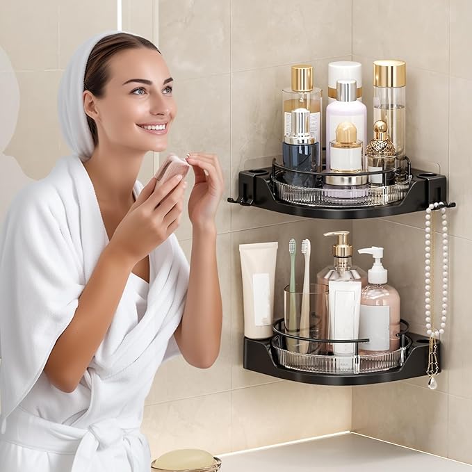 360° Rotating Corner Shower Caddy (2-Pack) - Lazy Susan Bathroom Organizer with Hooks, No-Drill Adhesive Mount for Shower, Kitchen, RV, Space-Saving ABS Plastic Shower Shelf