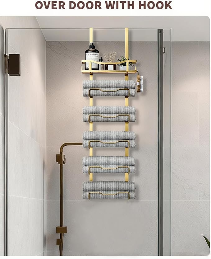 Hanging Towel Racks for Bathroom No Drill - 6-Tier Over The Door Bath Towel Storage Organizer for Small Bathrooms - Tiered Back of Door Towel Holder Hanger for Rolled Towels RV Camper Gold