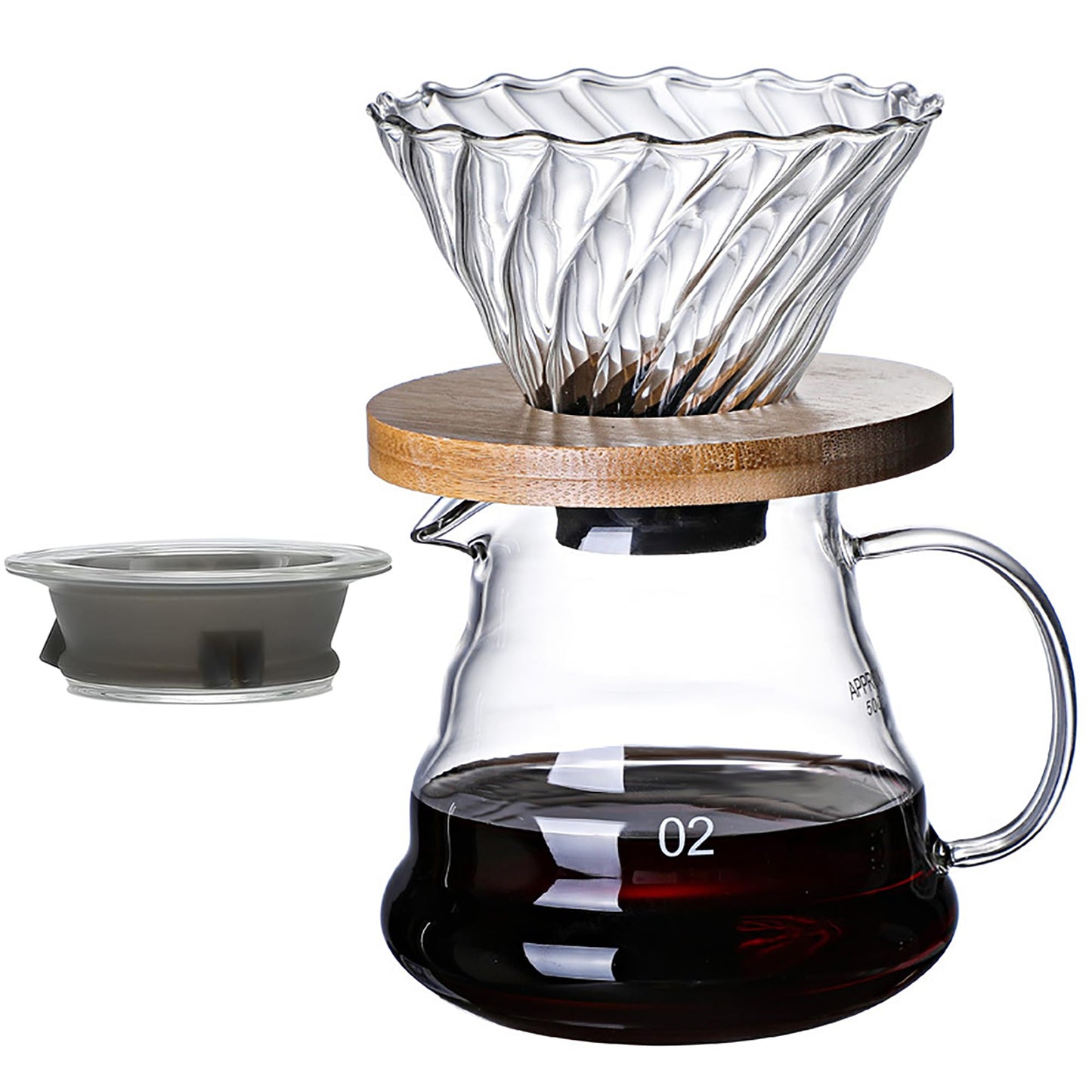 COFISUKI Upgrade Glass Coffee Dripper/Filter - Glass Pour Over Coffee Cone with Walnut Stand with Holder, Drip Coffee Maker Funnel Accessories for Home or Office, 1-5 Cups