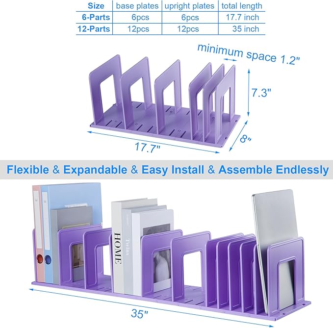 Adjustable Vertical File Sorter Sturdy Plastic Expandable Upright File Holder, Desktop Binder Organizer, School Office Organization Bookshelf Divider, Assemble Easily Endlessly, Purple