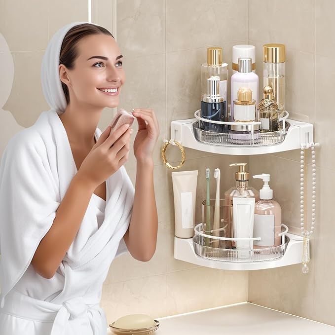 360° Rotating Corner Shower Caddy (2-Pack) - Lazy Susan Bathroom Organizer with Hooks, No-Drill Adhesive Mount for Shower, Kitchen, RV, Space-Saving ABS Plastic Shower Shelf