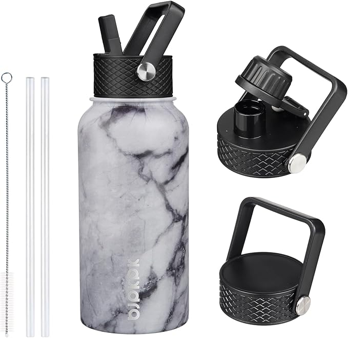 BJPKPK Insulated Water Bottles with Straw Lid, 27oz Stainless Steel Water Bottle with 3 Lids, Leak Proof BPA Free Metal Thermo, Mugs, Tumblers, Keep Cold Hot -Marble Frozen