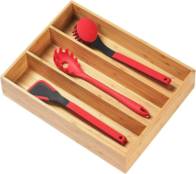 Umilife Large Kitchen Drawer Organizer, 19"x20" Silverware Utensils Organizer, 2.5" High for Large Deep Drawers, Bamboo Flatware Holder with Thick Frames, Sturdy Kitchen Organization Tray