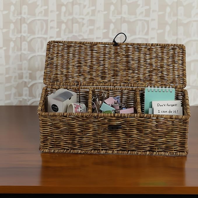 Waterproof Wicker Storage Basket with Lid, Rectangular Tank Woven Baskets with Sections, Decorative Box for Snack Toys Bathroom (Brown)