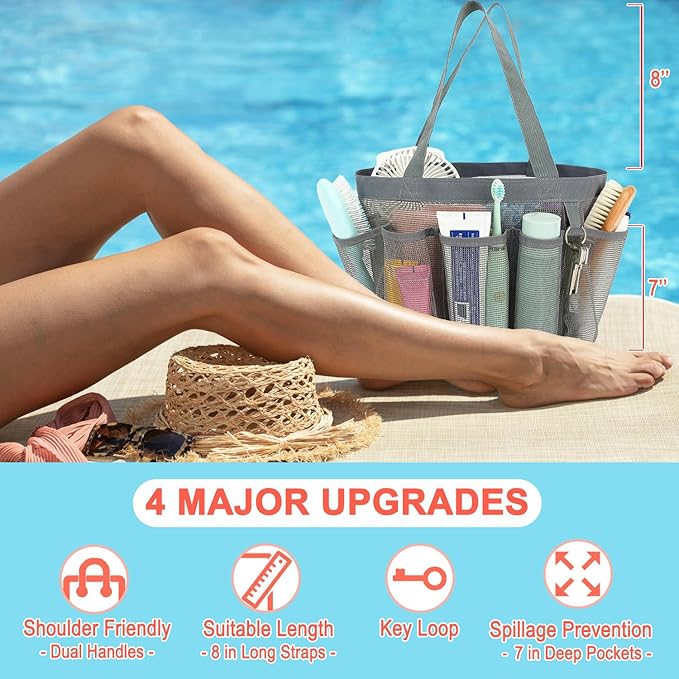Mesh Shower Caddy Portable for College Dorm Room Essentials, 8-Pocket Large Shower Basket Tote Bag with 2 Handles for Toiletry, Bathroom, Beach, Camp, Gym