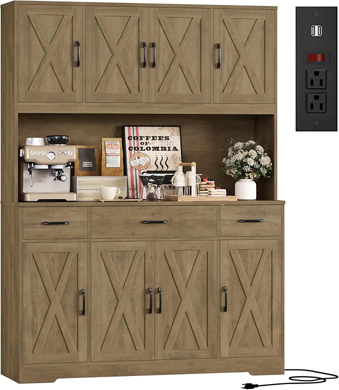 HOSTACK 71" Tall Kitchen Pantry Storage Cabinet, 55" W Kitchen Hutch, Black