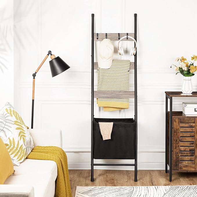 HOOBRO Blanket Ladder with Basket, 17.3”L x 63.4”H, Towel Rack with Hooks, Blanket Holder Rack, Decorative Ladder Shelf, Drying and Display Rack for Bathroom, Living Room, Greige BG31CJ01