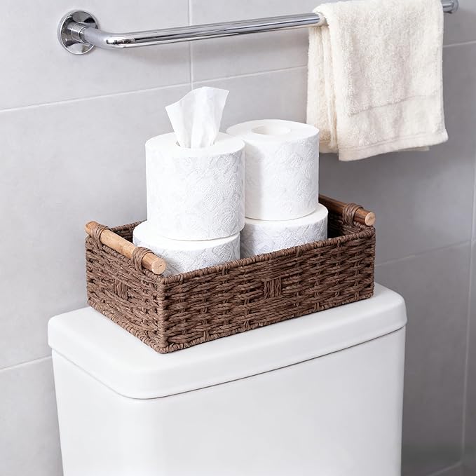 Toilet Tank Basket, Brown Wicker Toilet Paper Storage Basket (Holds 2 Rolls), Handwoven Paper Rope Bathroom Basket Organizer with Wooden Handles, Basket for Top of Toilet, Over Toilet Shelf & Counter