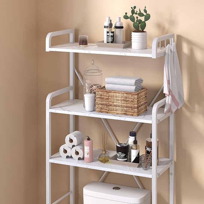 Over The Toilet Storage Rack with 3-Tier Bathroom Shelves, Space Saver Toilet Shelf, Bathroom Storage Organizer with Hooks for Over Toilet Storage and Bathroom Shelf (White Faux Marble)