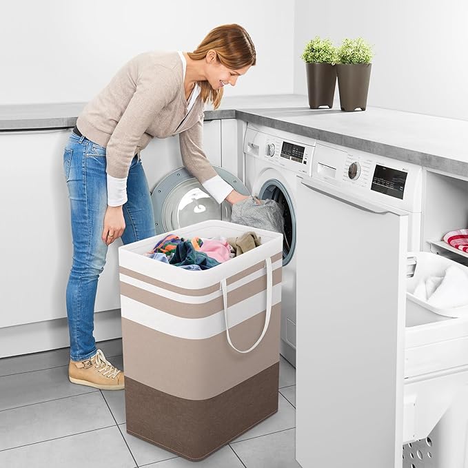 StorageRight Large Collapsible Laundry Basket Hamper with Easy Carry Handles，Freestanding Clothes Hampers for Laundry, Bedroom, Dorm, Towels, Toys, 75L, Khaki