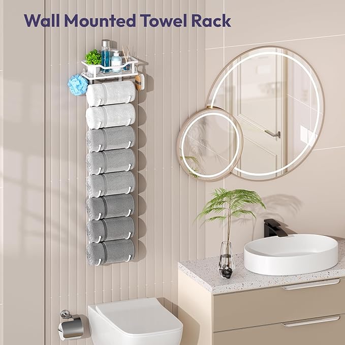 SWTYMIKI Over The Door Towel Rack - 9 Tier Towel Racks for Bathroom Wall Mounted, Towel Holder with Shelf, Hanging Rolled Towel Storage Organizer for Small Bathroom, Camper, RV, White