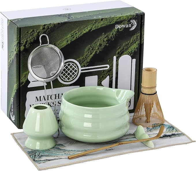 DOWAN Matcha Whisk Set, 7 Pcs Matcha Set Includes Bowl with Spout, Whisk and Holder, Bamboo Scoop and Holder, Sifter and Tea Towel - Matcha Kit Gift for Lovers Beginners (Pink)