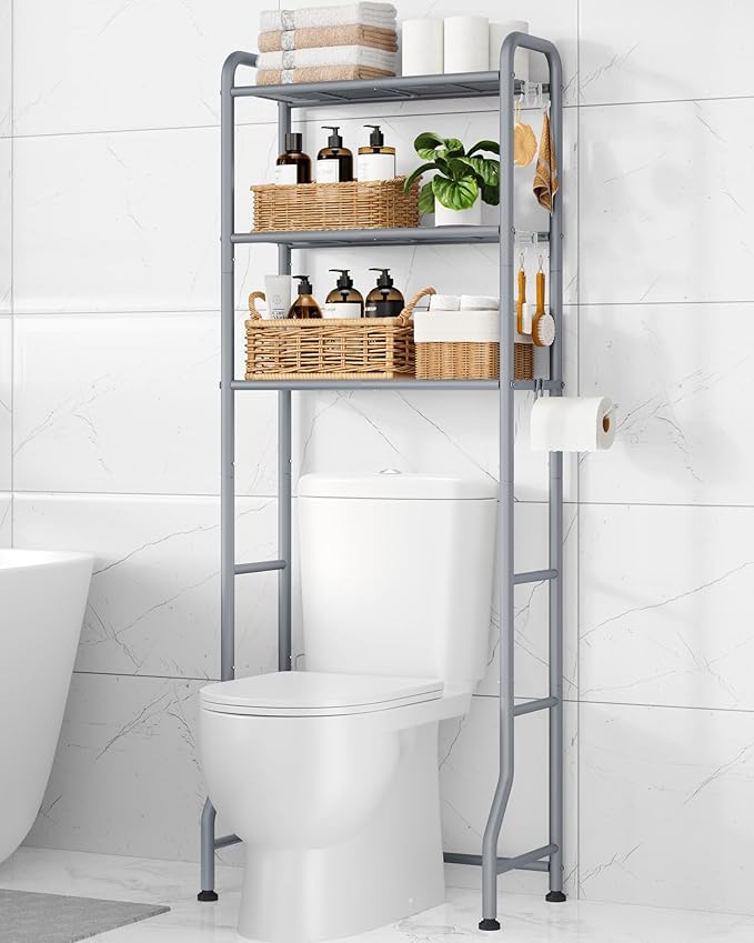 Kitsure Over Toilet Storage Rack - Metal Over Toilet Bathroom Organizer Shelf, Over The Toilet Storage Cabinet with Paper Holder and Hooks, Bathroom Cabinet for Laundry, Grey, 3 Tiers (63.2" H)
