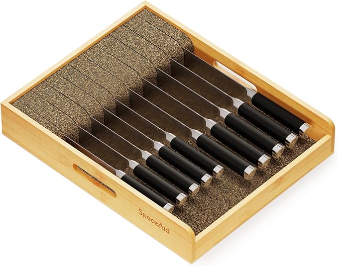 SpaceAid Large Knife Drawer Organizer Bamboo Insert Dock, Kitchen Steak Knives Holder Organizers Block for Drawer in Storage Organization (Large, Black)