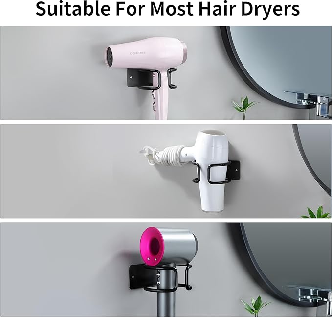 YIGII Universal Hair Dryer Holder Wall Mounted, Self Adhesive Blow Dryer Hanger Compatible with Most Hair Dryers, Stainless Steel Hairdryer Holder Rack for Bathroom Cabinet (Black)