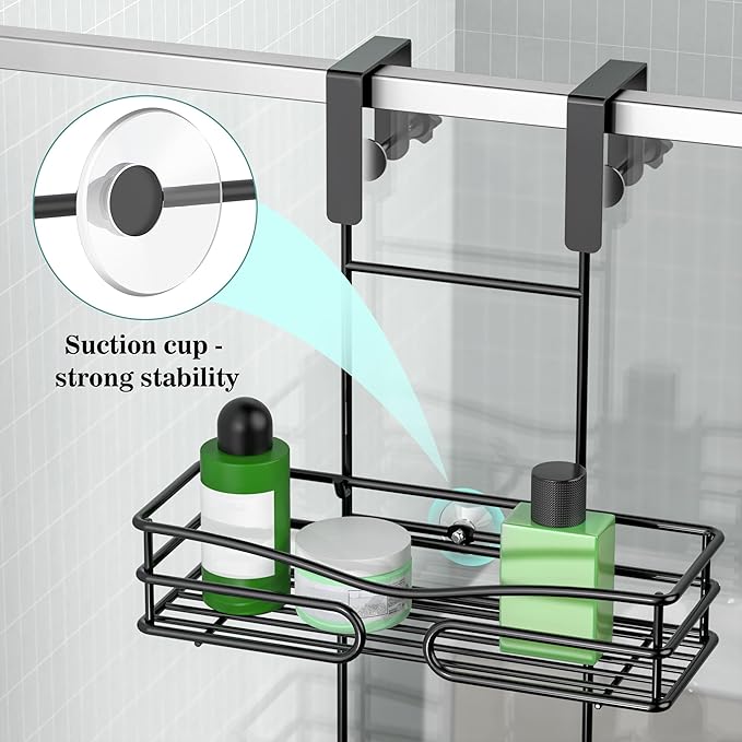 Over the Door Shower Caddy Hanging, 3 Tier Adjustable Shower Organizer with Soap Holder, Rustproof Bathroom Shelves Hanging on the Bathroom Glass Door, Matte Black