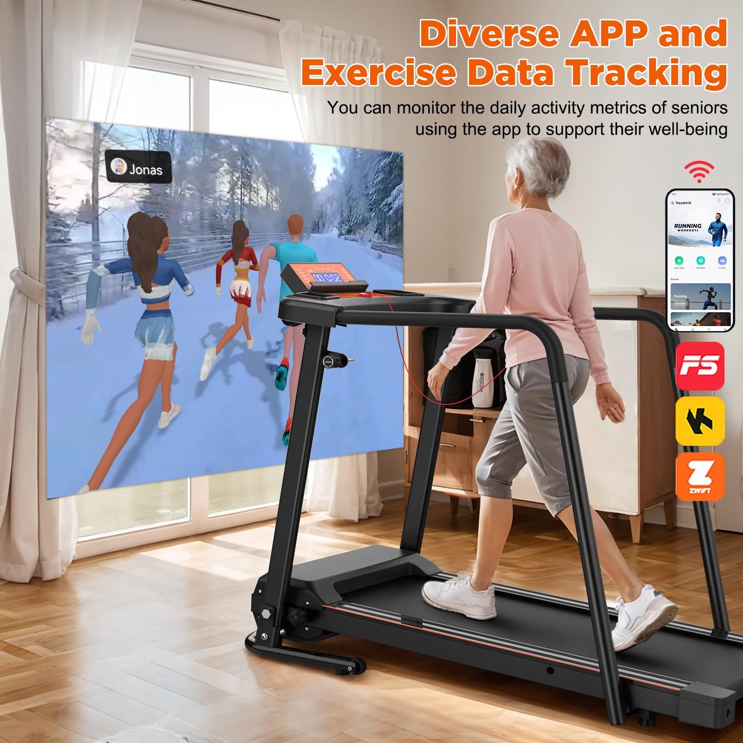 ACTWIND Walking Treadmill with Long Handles for Seniors, Treadmills for Home 300 lbs Capacity, Recovery Fitness Exercise Machine with Stable and Safe Structural Design, APP Control