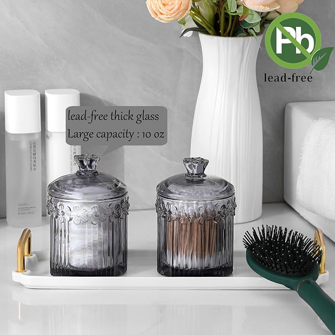 rejomiik 2 Pack Qtip Holder Glass Apothecary Jars with Lids Bathroom Accessories Vanity Organizers and Makeup Storage Canister for Cotton Swabs, Balls, Pads, Floss Picks, Candy, Gray