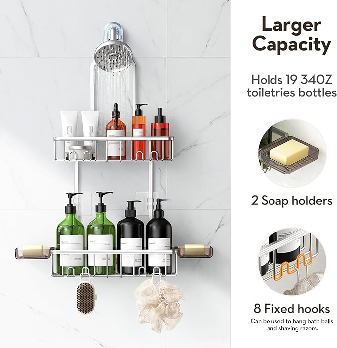 Shower Caddy Hanging, Shower Organizer Hanging, Aluminum Shower Racks for Inside Shower with Hooks for Razor, Never Rust Bathroom Organizers and Storage with Soap Holder, Bright Silver
