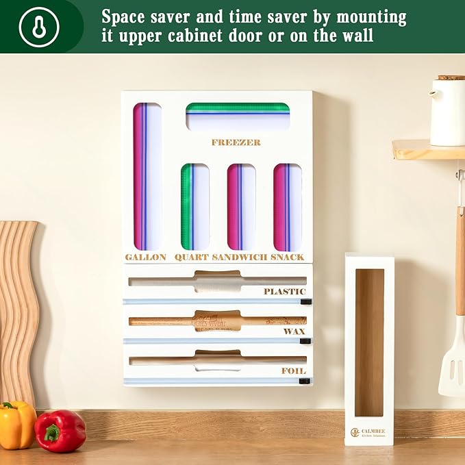 Calmbee Storage Bag Organizer - Foil & Plastic Wrap Organizer with Cutter, Kitchen Storage Compatible with Gallon, Quart, Sandwich, Snack Bags & 12" Aluminum Foil & Wax Paper, White