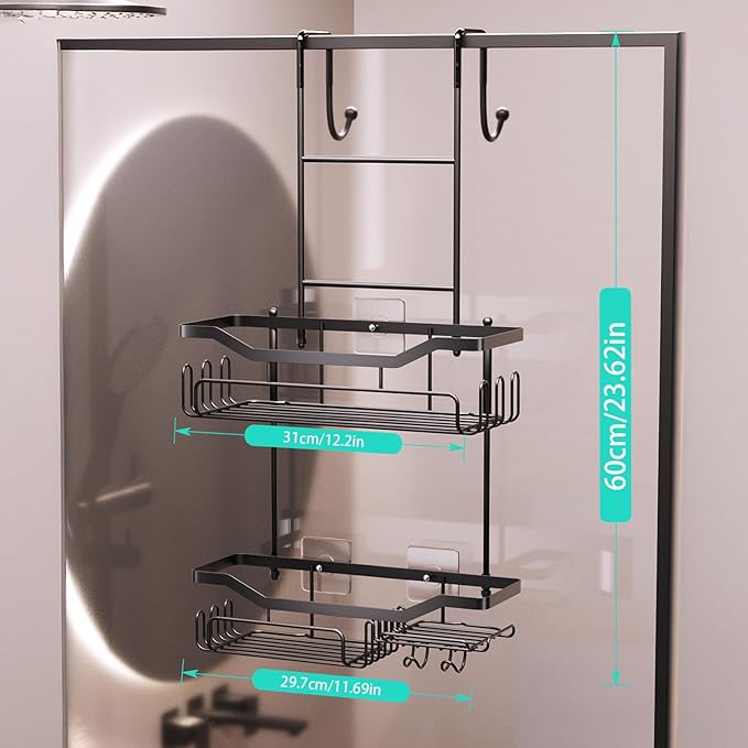 HapiRm Hanging Shower Caddy Over the Door with Soap Holder, No Drilling Adhesive Shower Organizer with 11 Hooks, Rustproof & Waterproof 304 Stainless Steel Bathroom Shelves - Black