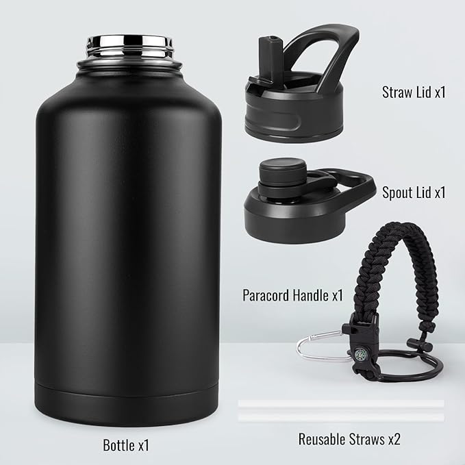 Gallon Water Bottle with 2 Lids (Straw & Spout), 304 Stainless Steel Water Jug with Handle and Wide Mouth, 1 Gallon Vacuum Double Walled Jug for Sports, Outdoors, Leak-Proof, Black 128 oz