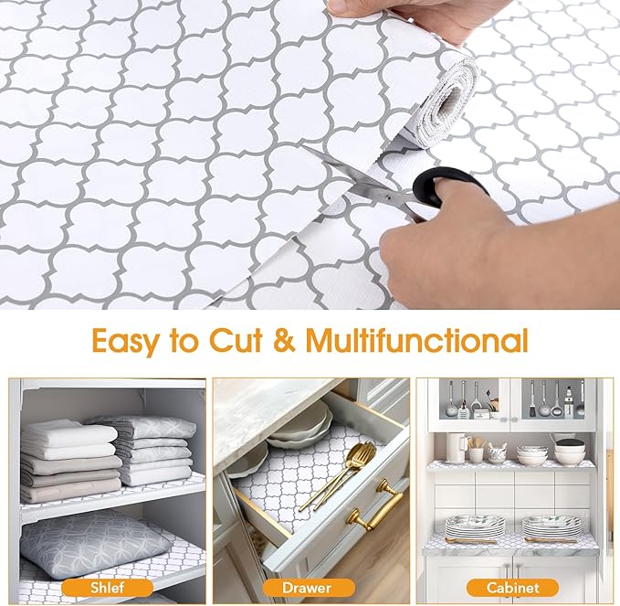 Shelf and Drawer Liner for Kitchen Cabinets Non-Adhesive, Strong Grip Non-Slip Thickened Cabinet Liners for Shelves, Waterproof Mats for Dresser Cupboard, White/Gray, 17 in x 20 Feet