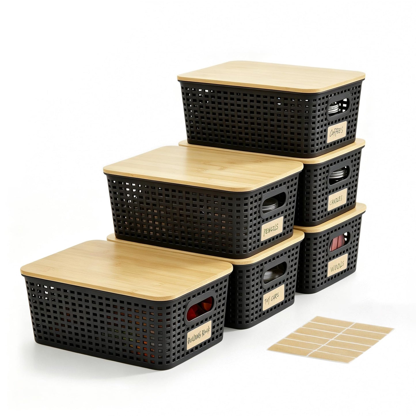 Bagnizer Small Plastic Storage Bins with Bamboo Lids 5.2qt Stackable Box Basket Pantry Decorative Containers Cute with Lable for Organizing Desktop Closet Office Gray of 6 packs 10 * 7.2 * 4.1"