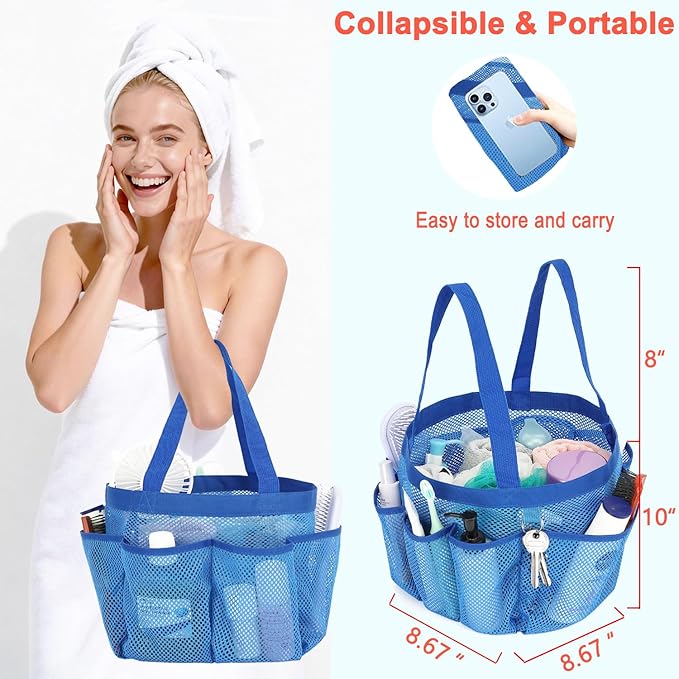 Mesh Shower Caddy Portable for College Dorm Room Essentials, 8-Pocket Large Shower Basket Tote Bag with 2 Handles for Toiletry, Bathroom, Beach, Camp, Gym