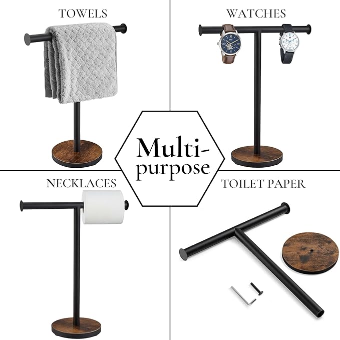 Towel Holder Stand, Countertop Hand Towel Stand for Bathroom and Kitchen, Free Standing Counter Towel Rack with Weighted Wood Base, Rustic Black and Brown