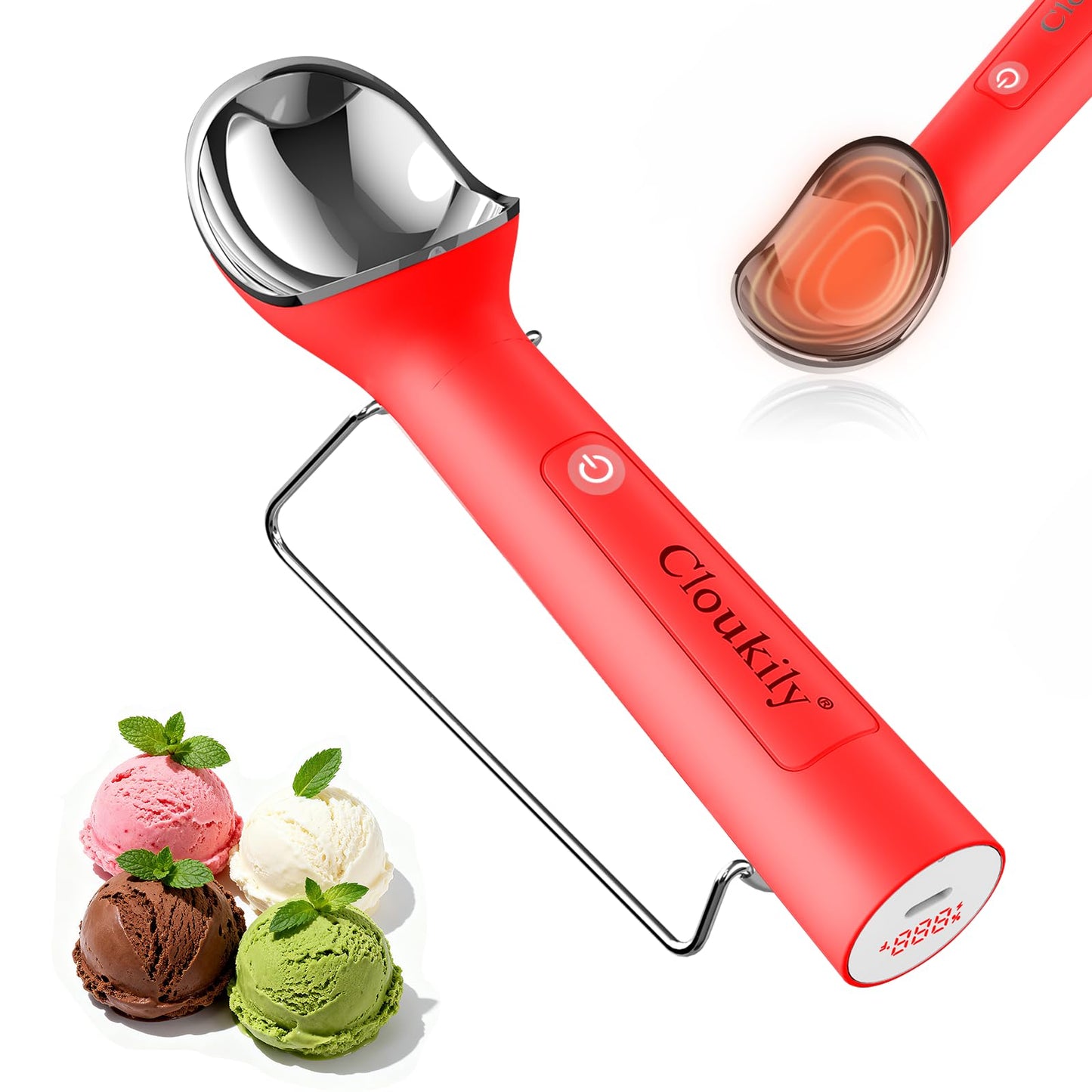 Gen 3.0 Heated Ice Cream Scoop, Rechargeable Electric Ice Cream Scooper with LED Display & ON/OFF Switch, IP67 Waterproof Food Grade, for Hard Ice Cream Gelato, Free Stand Included