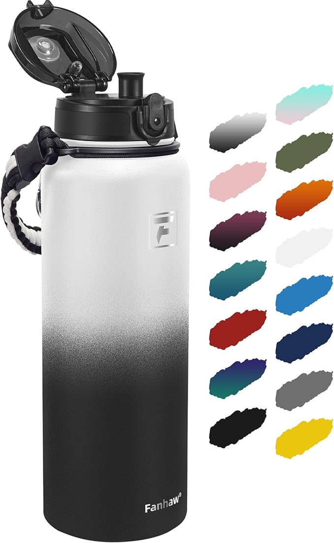 Fanhaw 40 oz Insulated Stainless Steel Water Bottle with Chug Lid, Leakproof & Sweat-Free Extra-Large Metal Bottle for Outdoor, Hiking & Gym (White Black)